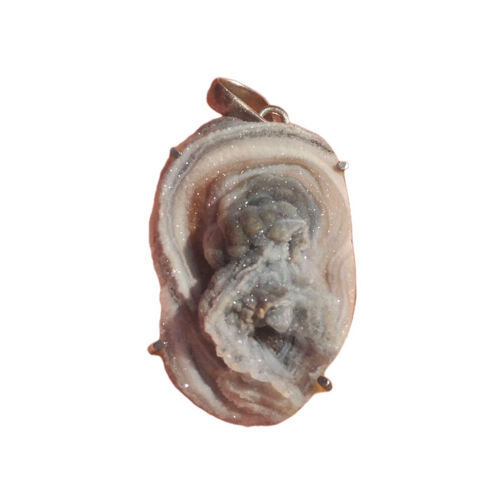 Modernist Druzy Chalcedony Agate Quartz Geode 925 Silver Mount Art Frame Pendant